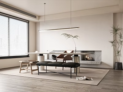 Modern Study Room Interior Design With Writing Desk Chair Window And Hanging Lights 3d model
