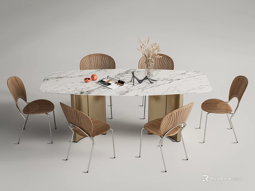 Elegant Oval Marble Dining Table Set With Six Wooden Chairs Metal Legs And Fruits Plants 3d model 