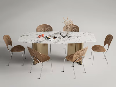 Elegant Oval Marble Dining Table Set With Six Wooden Chairs Metal Legs And Fruits Plants 3d model