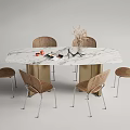 Elegant Oval Marble Dining Table Set With Six Wooden Chairs Metal Legs And Fruits Plants