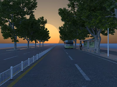 Sunset Street Scene With Trees Bus Stop And Green Bus 3d model