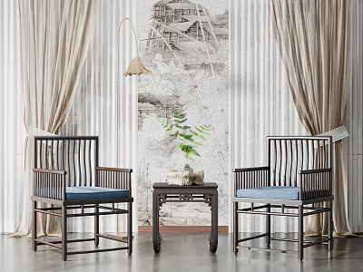 Chinese Style Leisure Sofa Set With Armchairs Coffee Table Green Plant And Light Curtains 3d model