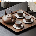 Modern Brown Tea Set with Teapot Three Cups and White Saucers on Wooden Tray