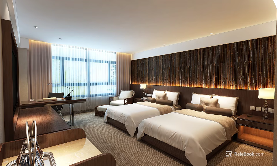 Cozy Hotel Room Interior With Twin Beds Wooden Wall Decor Desk Chair And Window Lighting 3d model 