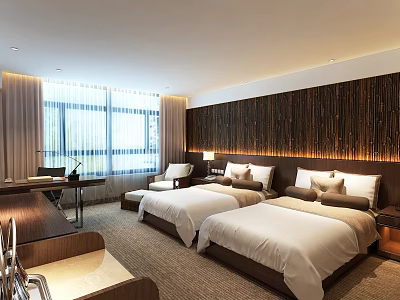 Cozy Hotel Room Interior With Twin Beds Wooden Wall Decor Desk Chair And Window Lighting 3d model