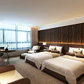Cozy Hotel Room Interior With Twin Beds Wooden Wall Decor Desk Chair And Window Lighting