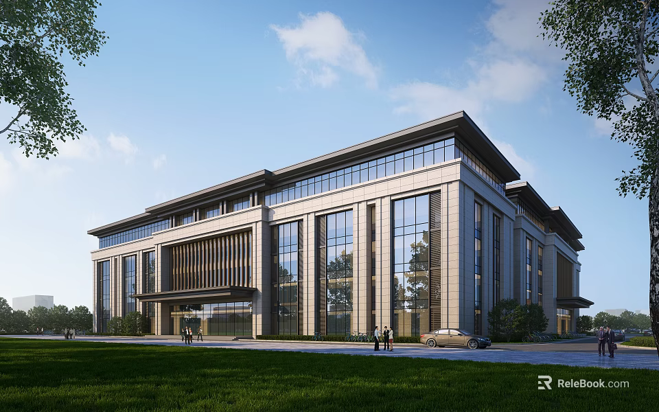 Modern Office Building Exterior Design Featuring Glass Curtain Walls Symmetrical Structure And Grass Lawn 3d model 