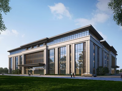 Modern Office Building Exterior Design Featuring Glass Curtain Walls Symmetrical Structure And Grass Lawn 3d model