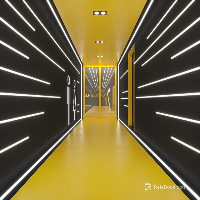 Modern Elevator Corridor With Yellow Black Lighting Design 3d model 