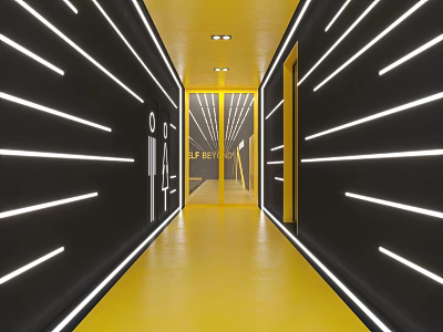 Modern Elevator Corridor With Yellow Black Lighting Design 3d model