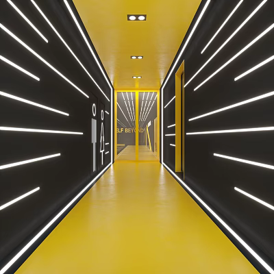 Modern Elevator Corridor With Yellow Black Lighting Design 3d model