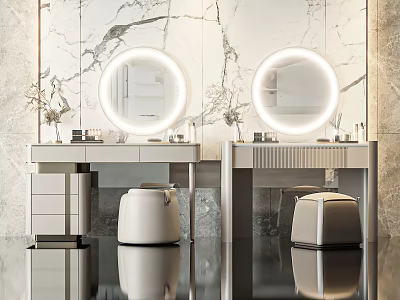Modern Dressing Table With Double Round Illuminated Mirrors And Marble Wall Backdrop On Sleek Floor 3d model