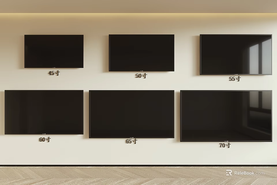 Multiple Size TV Models Mounted On White Wall For 3d model 