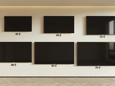 Multiple Size TV Models Mounted On White Wall For 3d model