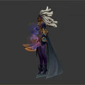 Mythical Female Warrior With Elaborate Headdress Dark Outfit Glowing Blades And Purple Smoke Effects