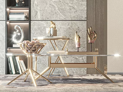 Elegant Modern Coffee Table With Glass Top Golden Frame And Decorative Sculptures Books 3d model