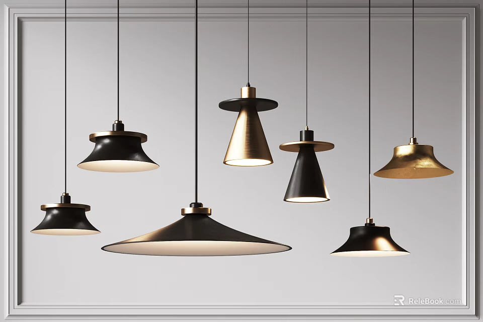Modern Pendant Lights with Various Shapes Black Gold Finish Elegant Hanging Design 3d model 