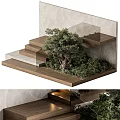 Modern Wooden Staircase Design With Built in Lighting Surrounded by Greenery Against Stone Wall