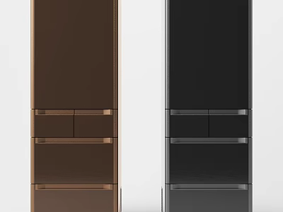 Modern Standing Refrigerator Freezer in Brown and Black with Drawer Compartments and Contemporary Design 3d model