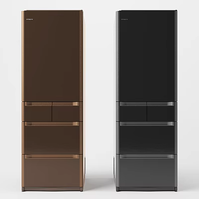 Modern Standing Refrigerator Freezer in Brown and Black with Drawer Compartments and Contemporary Design 3d model