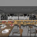 Modern Restaurant Interior With Wooden Tables Chairs Neat Tableware And Decorative Shelves
