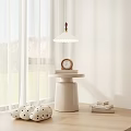 White Round Side Table With Table Lamp Small Clock Books White Curtains And Green View 3d model