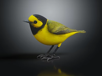 Vibrant Yellow Black Headed Bird Standing on Black Background with Clear Reflection 3d model