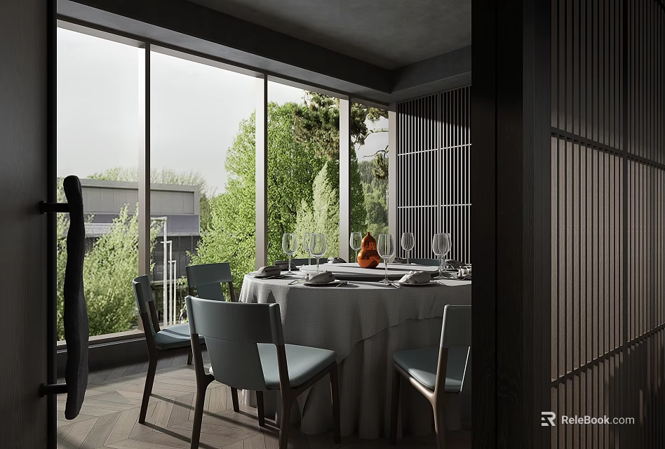 Modern Private Dining Room With Round Table Tableware Chairs And Green Trees View 3d model