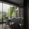 Modern Private Dining Room With Round Table Tableware Chairs And Green Trees View 3d model