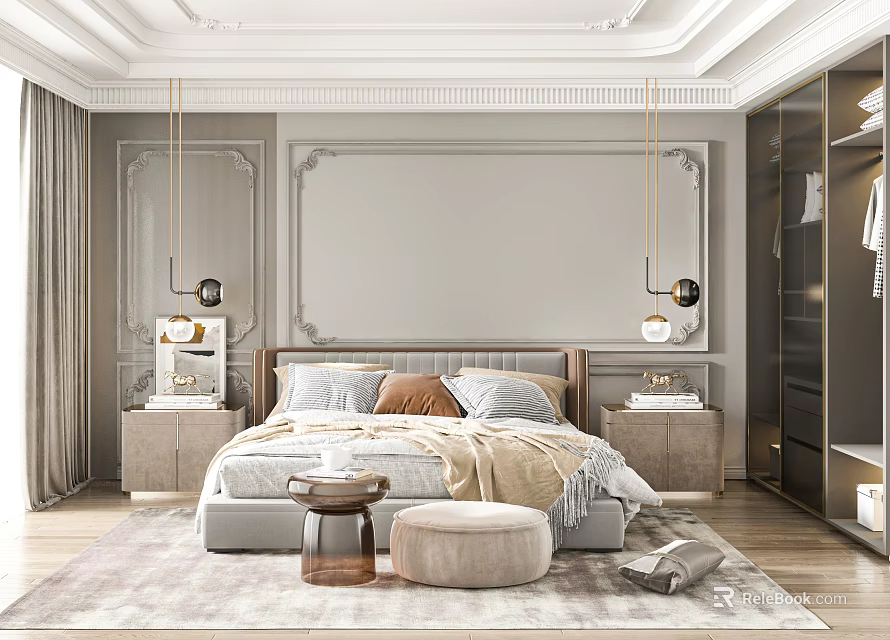 Modern Bedroom Interior Design With Decorative Wall Panels Cozy Bedding And Gold Pendant Lights 3d model 
