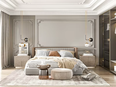Modern Bedroom Interior Design With Decorative Wall Panels Cozy Bedding And Gold Pendant Lights 3d model
