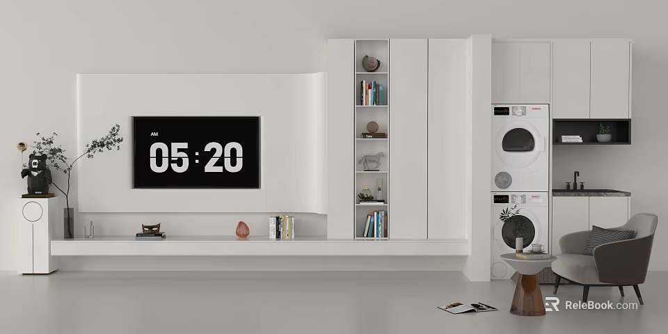 Modern White TV Background Wall Design With Shelves Books And Decorations 3d model 