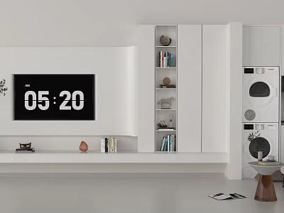 Modern White TV Background Wall Design With Shelves Books And Decorations 3d model