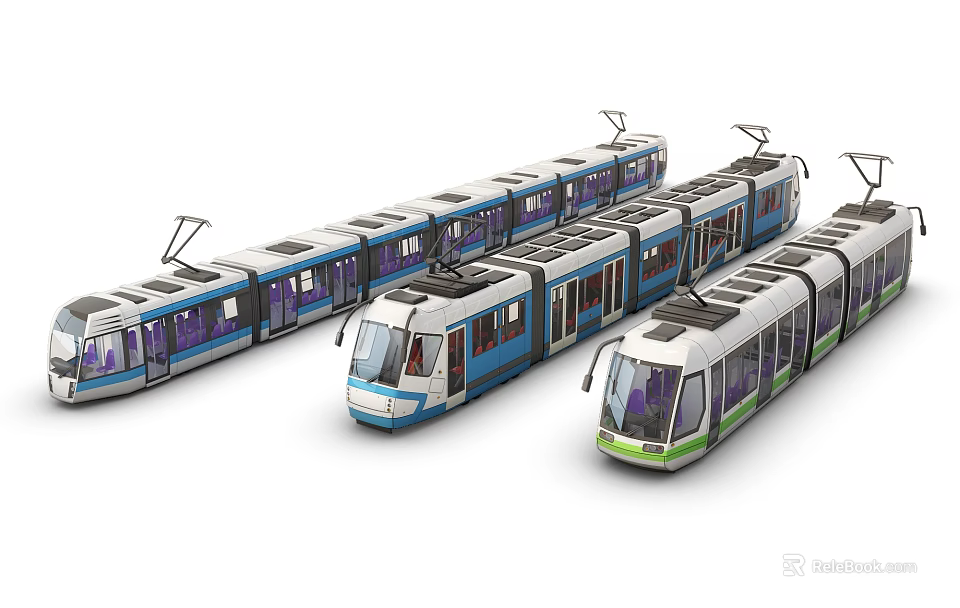Modern Electric Trams With Multiple Carriages Different Color Schemes And Sleek Design 3d model 
