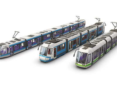 Modern Electric Trams With Multiple Carriages Different Color Schemes And Sleek Design 3d model
