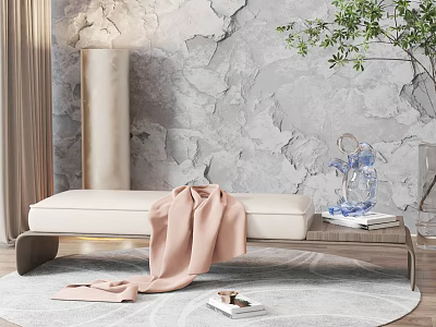 Elegant Footstool With Beige Cushion Pink Blanket Grey Textured Wall And Green Plant Decor 3d model