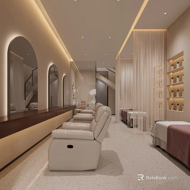 Elegant Beauty Salon Interior With Arched Mirrors White Leather Chairs Wooden Counter And Product Shelves 3d model 