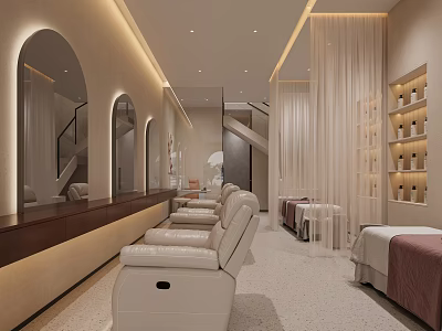 Elegant Beauty Salon Interior With Arched Mirrors White Leather Chairs Wooden Counter And Product Shelves 3d model
