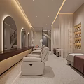 Elegant Beauty Salon Interior With Arched Mirrors White Leather Chairs Wooden Counter And Product Shelves