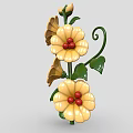 3D Decorative Plant With Yellow Flowers Red Centers Green Leaves And Curved Vine