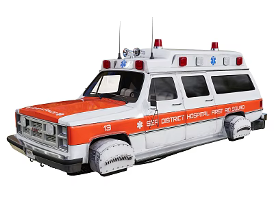 White And Orange District Hospital Ambulance With Red Emergency Lights First Aid 3d model