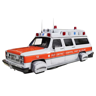 White And Orange District Hospital Ambulance With Red Emergency Lights First Aid 3d model