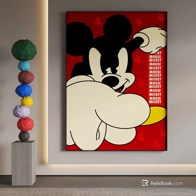 Abstract Painting With Mickey Mouse Figure On Red Background And Colorful Stacked Elements 3d model 