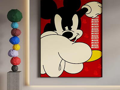 Abstract Painting With Mickey Mouse Figure On Red Background And Colorful Stacked Elements 3d model