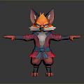 3D Game Movie Fox Character In Red Blue Kimono Style Outfit With Alert Expression