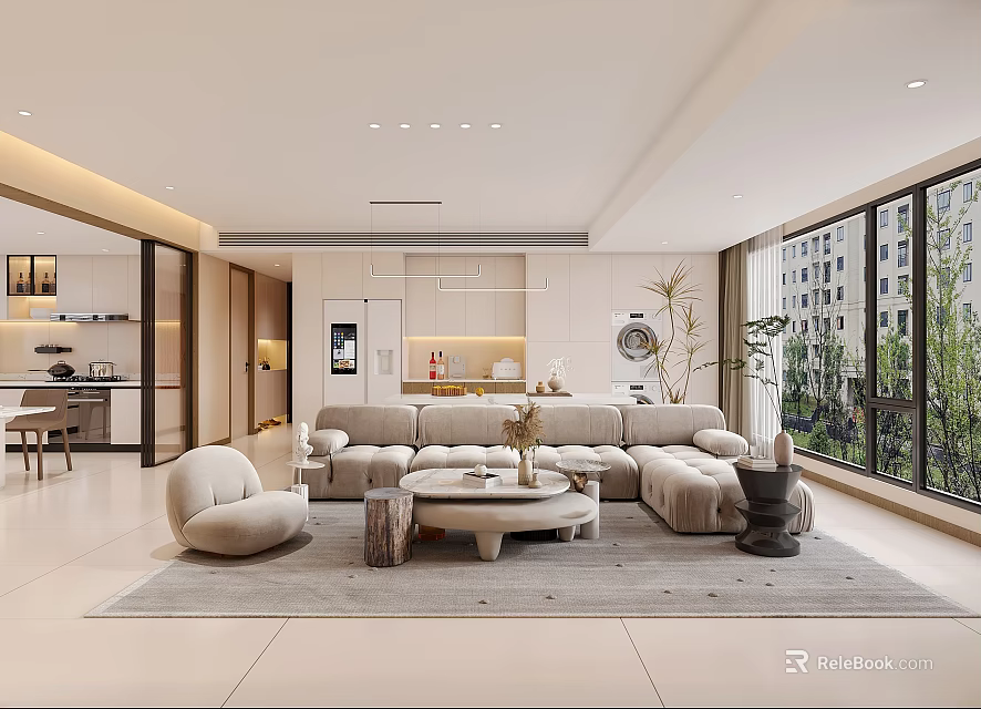 Modern Living Dining Room Interior Design With Sofa Coffee Table Open Kitchen And Large Windows 3d model 