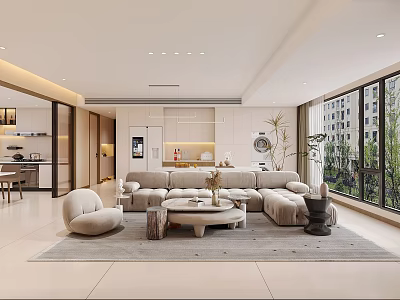 Modern Living Dining Room Interior Design With Sofa Coffee Table Open Kitchen And Large Windows 3d model