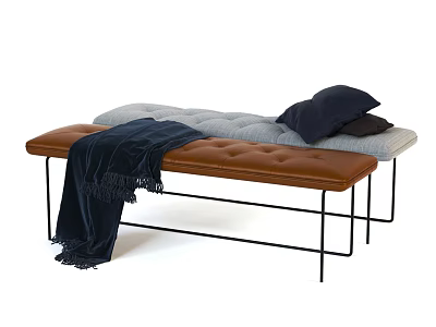 Stylish Sofa Bench With Tufted Brown Seat Gray Backrest Black Metal Legs And Blanket Pillows 3d model