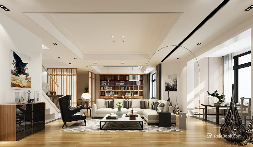 Modern Living and Dining Area Interior Design With Sofa Coffee Table And Wooden Flooring 3d model 