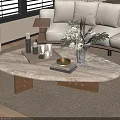Oval Marble Coffee Table with Wooden Base Adorned with Flower Vase Tray and Books